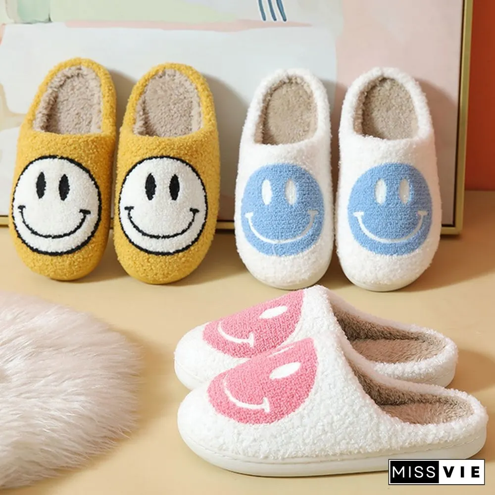 Winter House Girls Fur Slippers Cute Smiley Pattern Women Fluffy Warm Bedroom Ladies