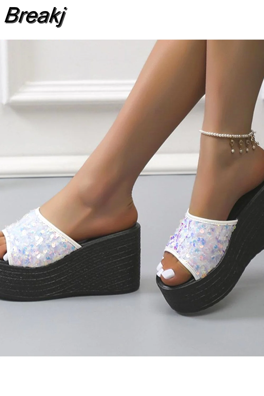 Breakj Wedge High Heeled Women Sandals New Arrived 2023 Bling Sequin Lady Slipper Peep Toe Comfort Walk Causal Sandals Plus Size