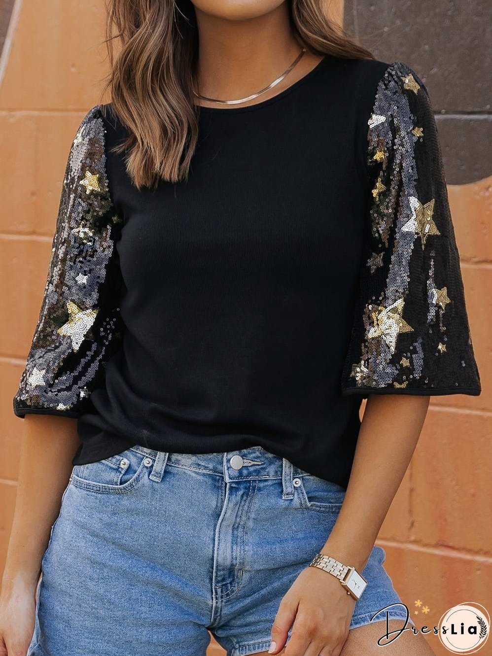 Black Star Sequin Embellished Half Sleeve Knit Top