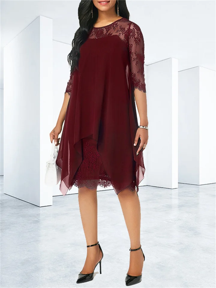 Spring and Summer New Elegant Wind Round Neck Lace Splicing Seven-point Sleeve Medium-length Knee-length Chiffon Solid Color Irregular Dress-Cosfine