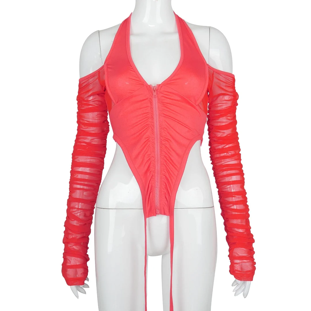 Hugcitar 2021 Long Stacked Sleeve Halter Zipper Patchwork Sexy Crop Top Autumn Winter Women Fashion Streetwear Tshitrs Club Tees