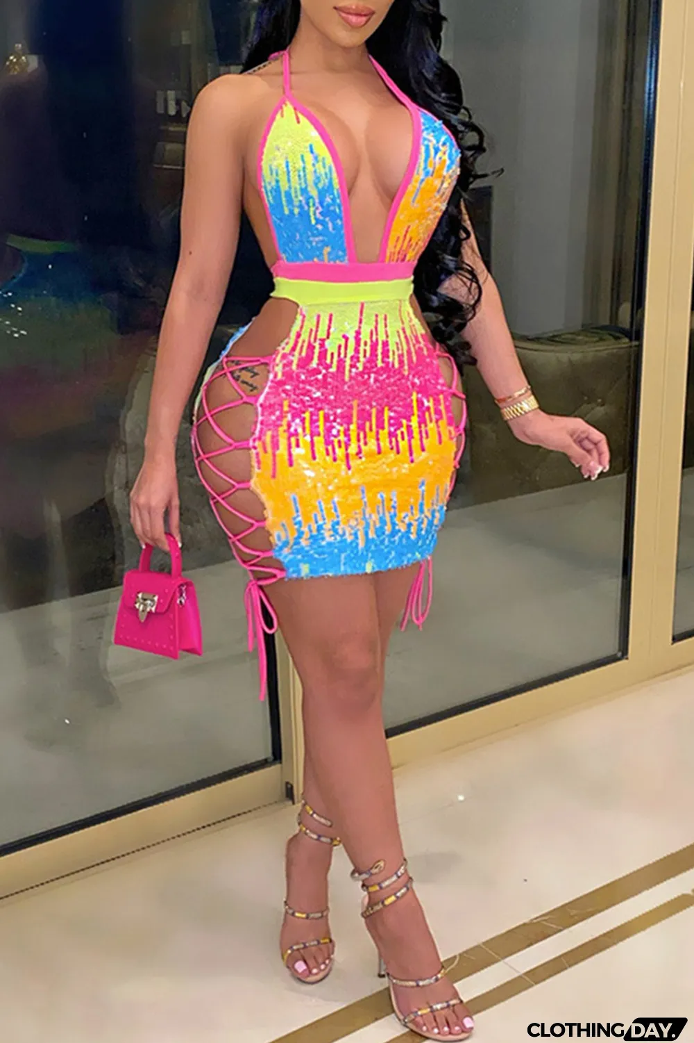 Blue Fashion Sexy Patchwork Hollowed Out Sequins Backless Halter Sling Dress