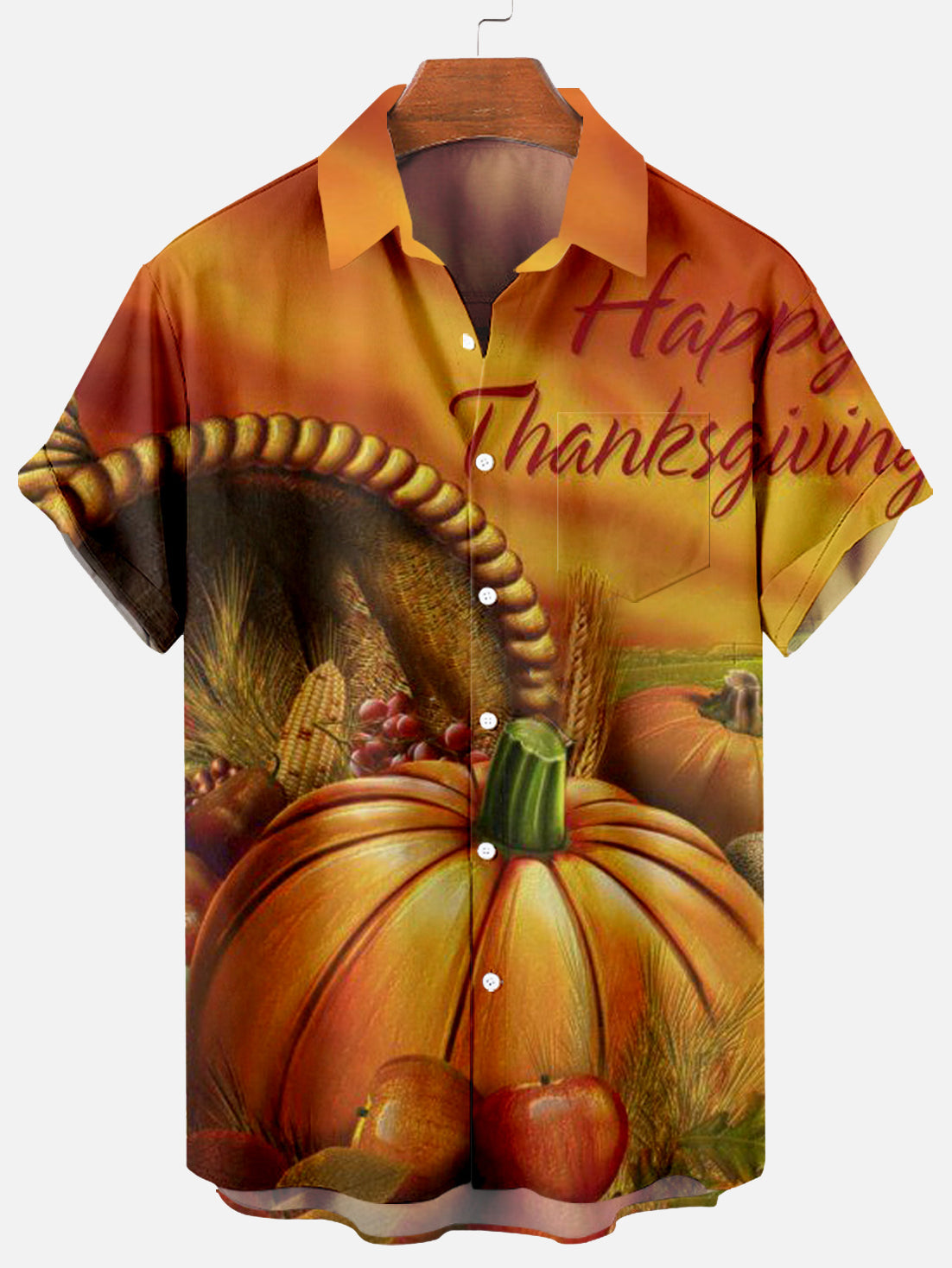 Men Thanksgiving Pumpkin Print Front Pocket Short Sleeves Shirt PLUSCLOTHESMAN