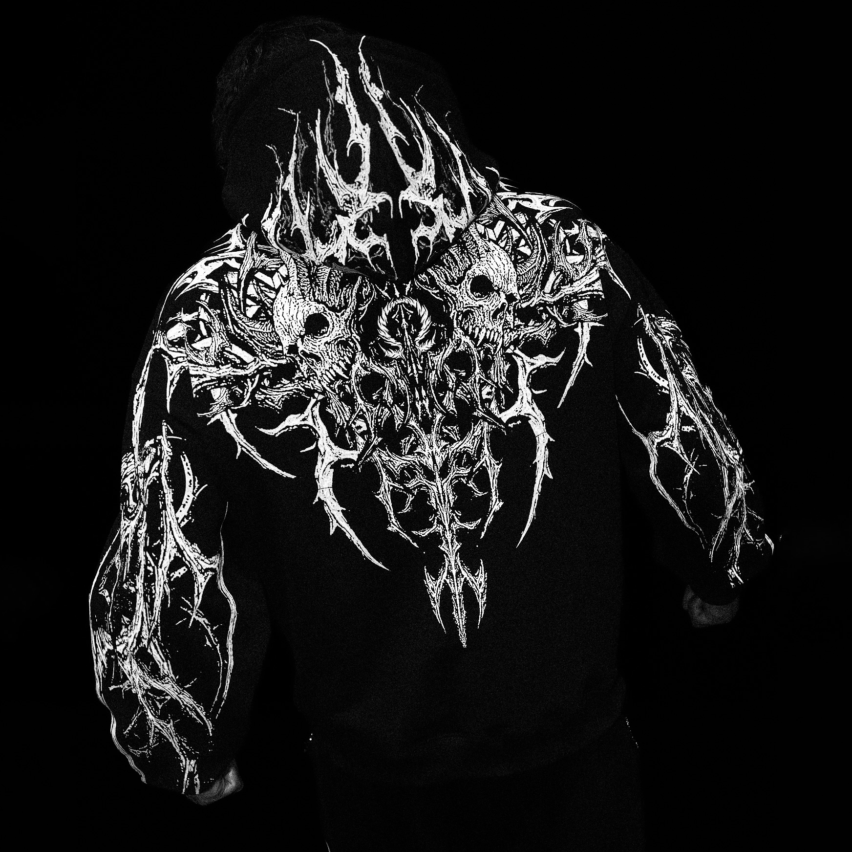 Cotton Blend Gothic Hoodie with White Tribal Skull Print, Dark Fantasy Design, Long Sleeve Pullover Sweatshirt for Men and Women