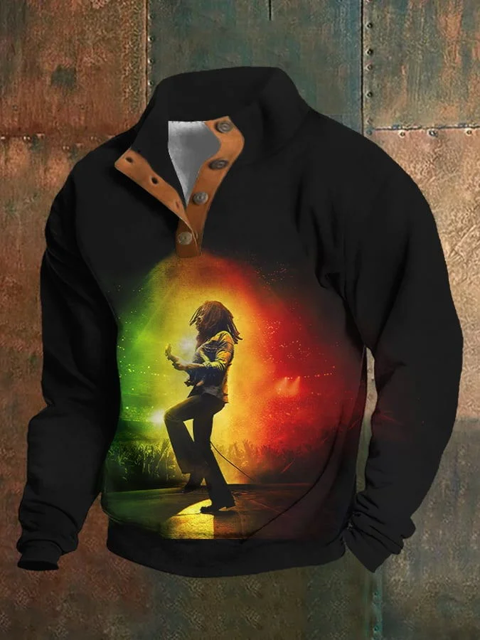 Reggae Print Stand Collar Button-Up Sweatshirt