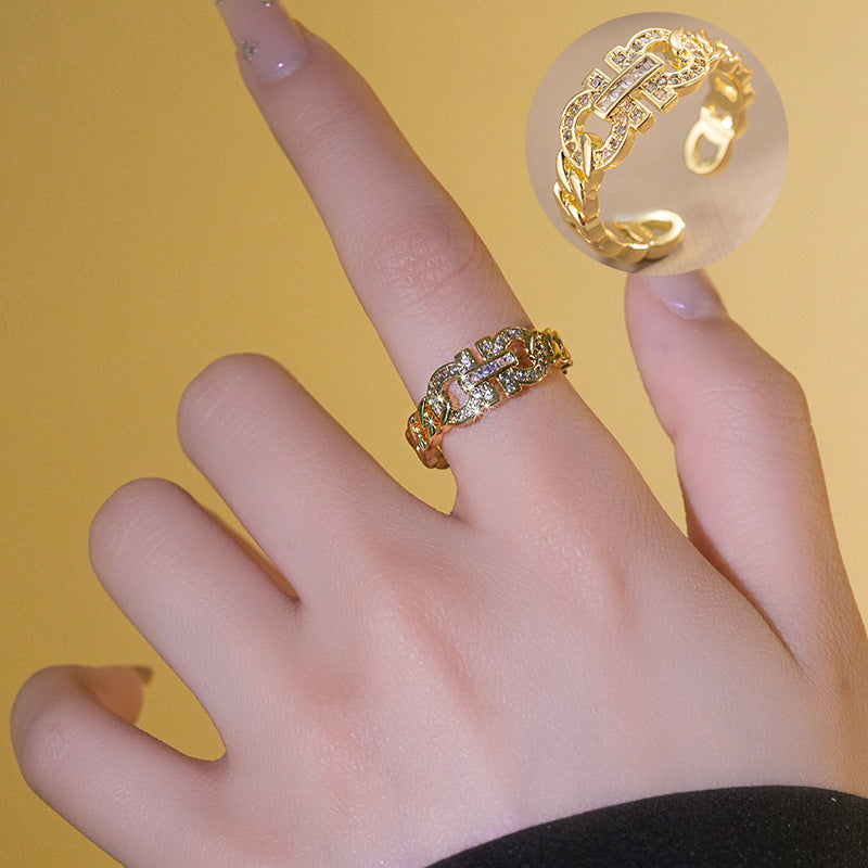 Shang Ins Chain Opening Adjustment Ring Female Korean Version Micro-Inlaid Personality Couple Ring Retro Ancient Index Finger Ring
