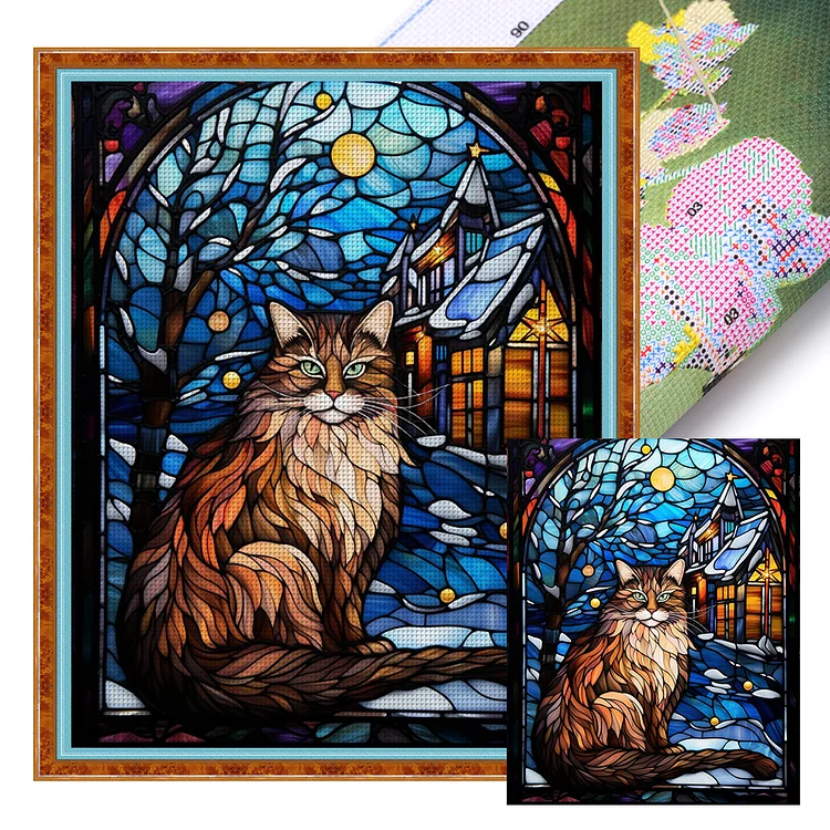 【Huacan Brand】Glass Art-Moonlight Cat 14CT Stamped Cross Stitch 40*50CM
