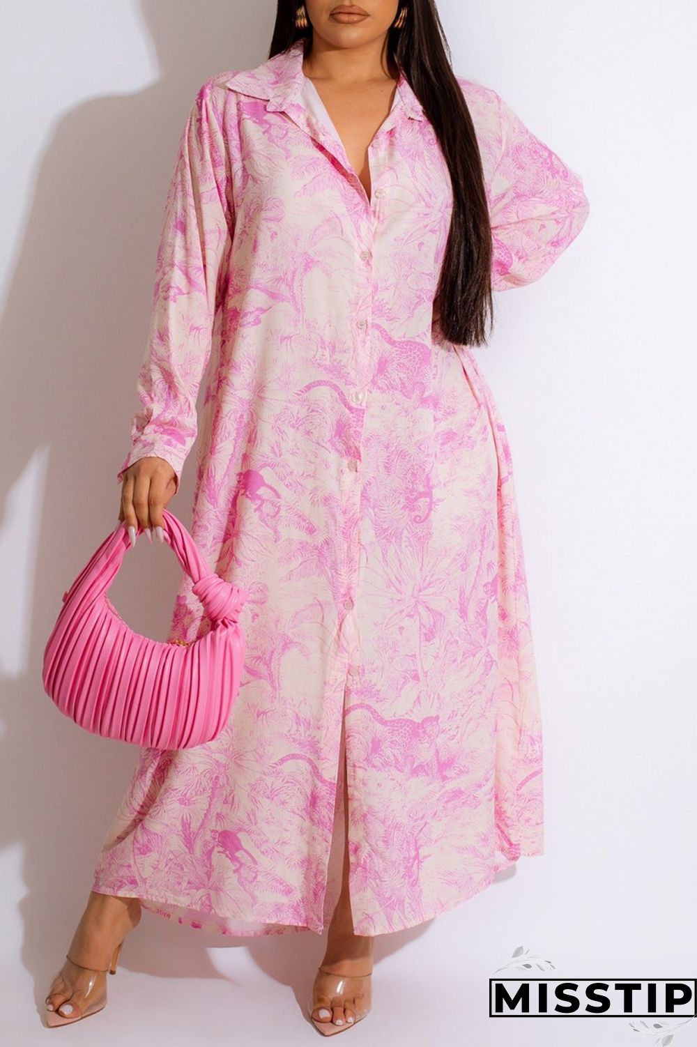 Orange Casual Print Patchwork Shirt Collar Long Sleeve Dresses