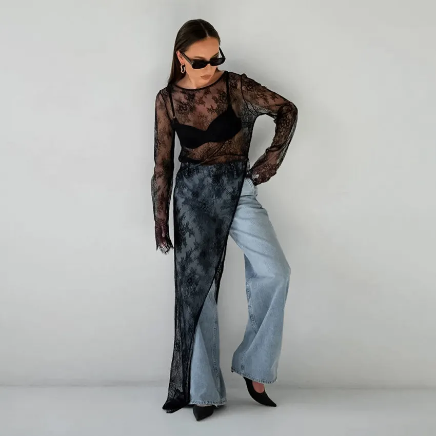 Round Neck Long Sleeve Sheer Lace Asymmetric Slit Maxi Dress