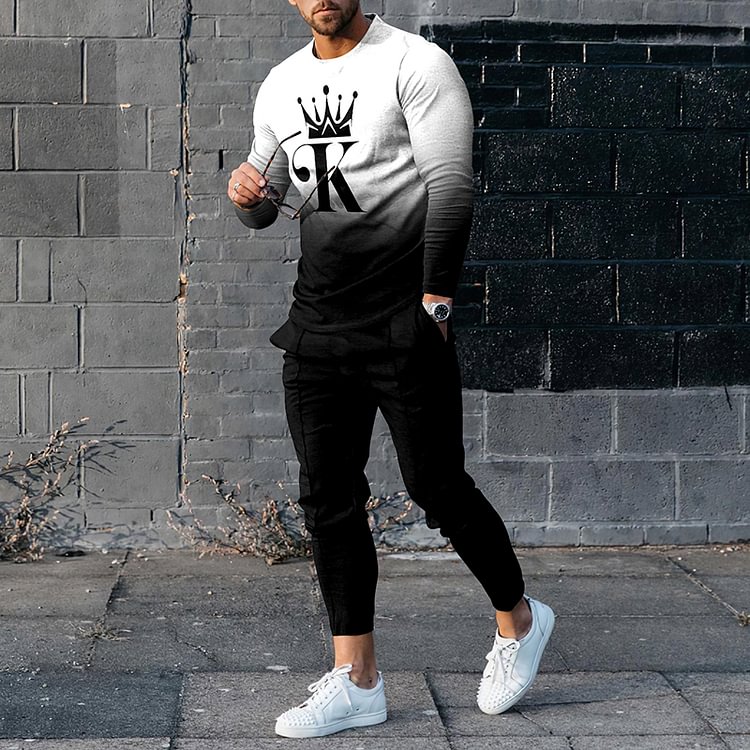 BrosWear Men's Daily Sport Style Crown Print Black White Fade Long Sleeve T-shirt And Pants Co-ord Sets