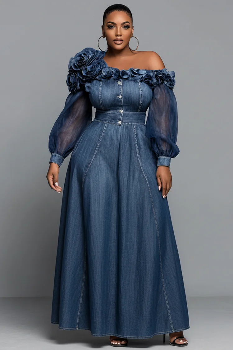Xpluswear Design Plus Size Wedding Guest Blue One Shoulder Long Sleeve 3D Elegant Pocket Denim Maxi Dresses 2024 - Xpluswear