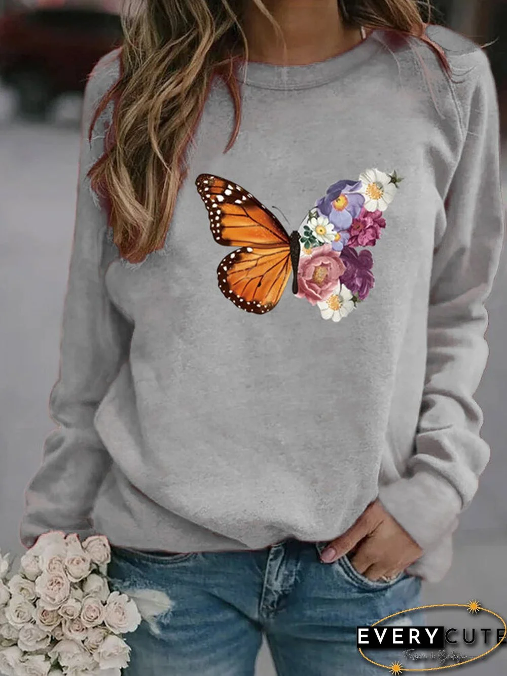 Flower Butterfly Print Long Sleeve Sweatshirt For Women