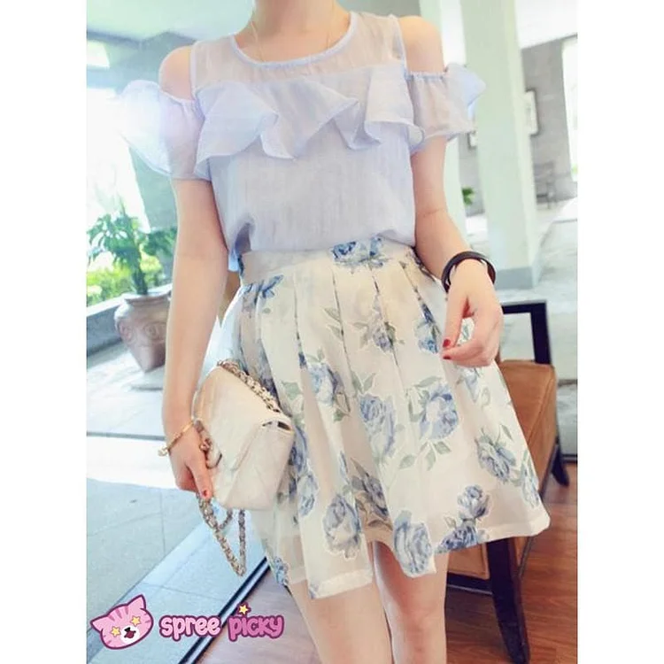 [S-XL] Retro 2 Pieces Set Blue Top and Floral Skirt SP151897
