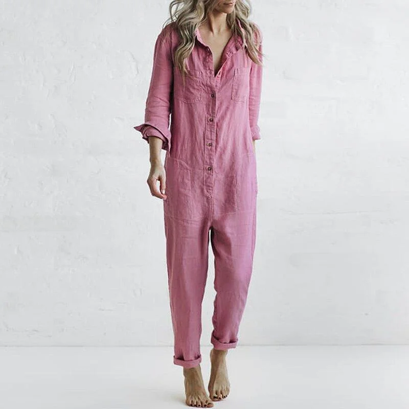 Casual lapel pocket long sleeve solid color cotton jumpsuit