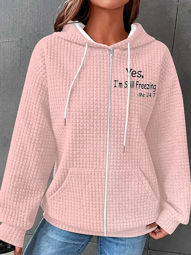 Women's Waffle Knit Sweatshirt Fall Drawstring Zip up Hoodie socialshop