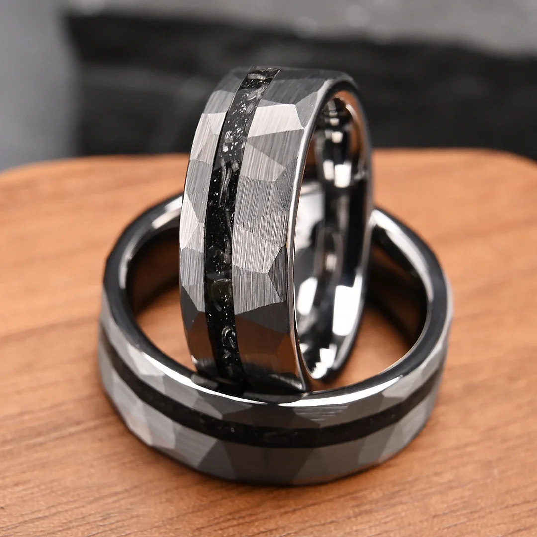 8MM Flat Hammered Tungsten Carbide Rings Sliver Fragments of Meteorite Tungsten Wedding Bands