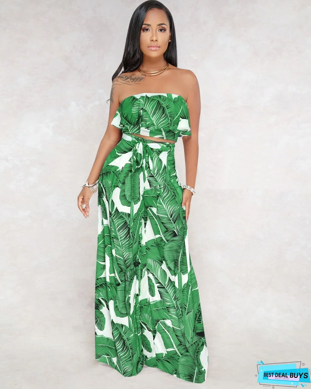 SEXY PRINTING STRAPLESS FLOUNCE TOP WIDE-LEG TROUSERS SUIT