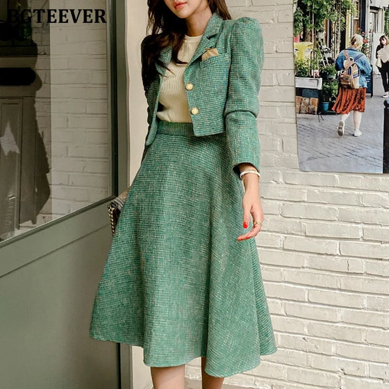 BGTEEVER Vintage Ladies 2 Pieces Skirt Suits Short Jackets & High Waist A-line Midi Skirts 2021 Autumn Elegant Women Suits
