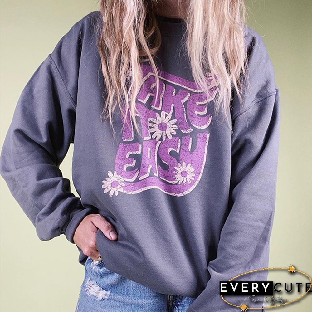 Take It Easy Print Vintage Long Sleeve Casual Sweatshirt