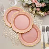 10 Pack | 8" Dusty Rose Plastic Dessert Salad Plates, Disposable Tableware Round With Gold Scalloped Rim