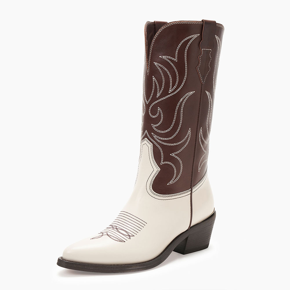 Ivory & Brown Patchwork Stitching Almond Toe Chunky Heel Cowgirl Boots Nicepairs