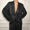 Women's Sequin Elegant Prom Party Deep V Neck Blazer &  Long Pants Set 