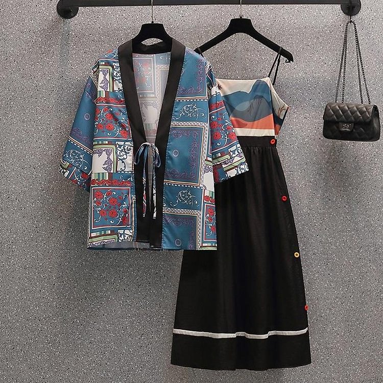 Vintage Print Cardigan Kimono Outerwear Slip Dress Set - Modakawa Modakawa