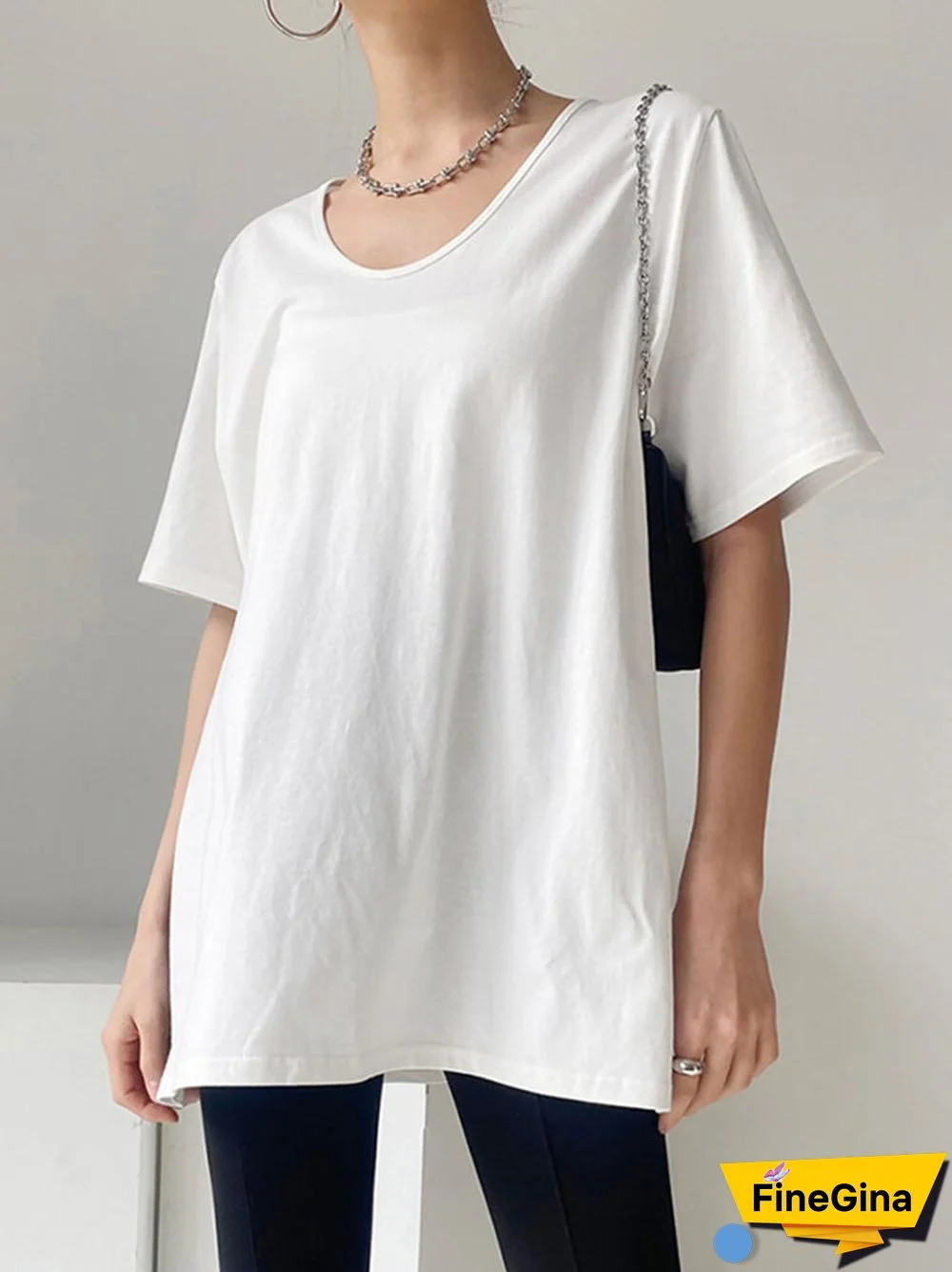 Solid Split Round Neck Short Sleeve Casual T-Shirt