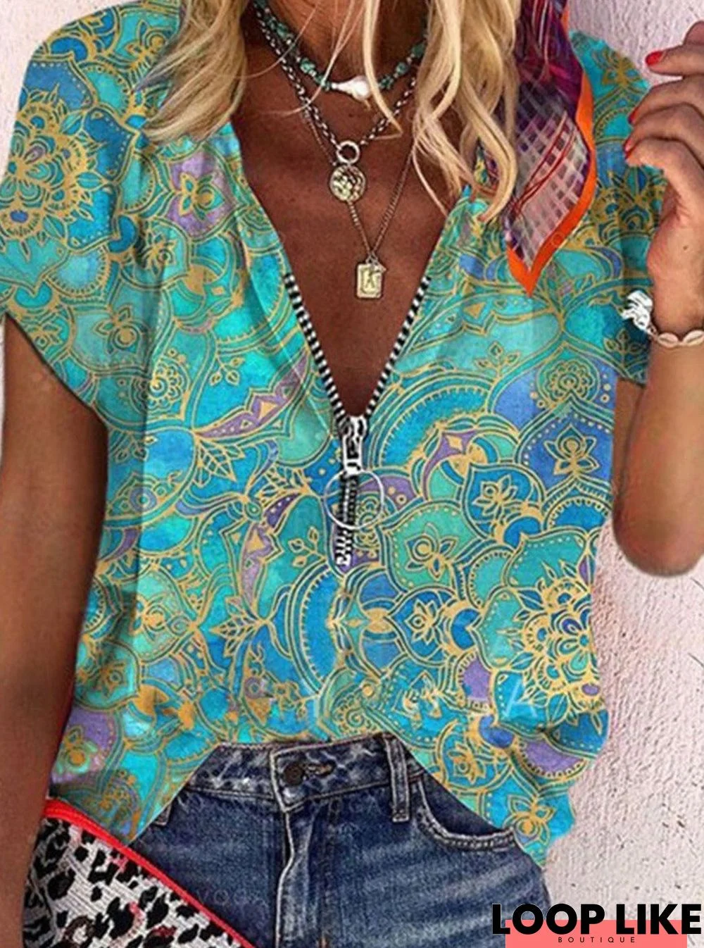 Floral Zipper Short Sleeve Blouse