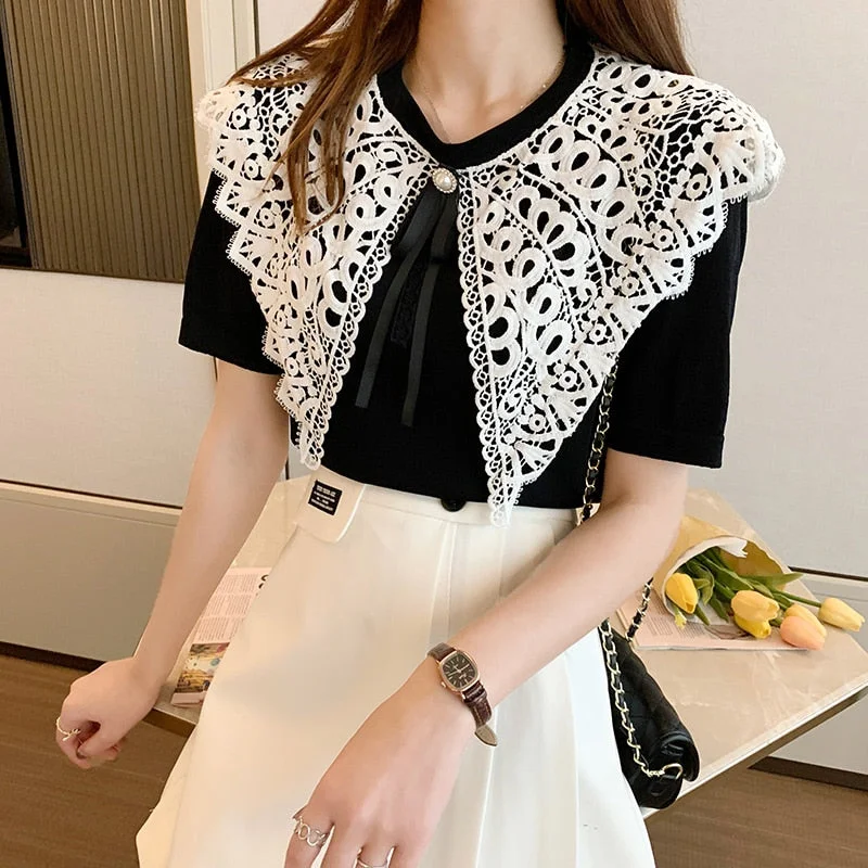 Summer Short Sleeve Knitted Shirt 2021 Sweet Lace Stitching Big Doll Collar Ice Silk Top Knitwear Women White Black Blouse 14257