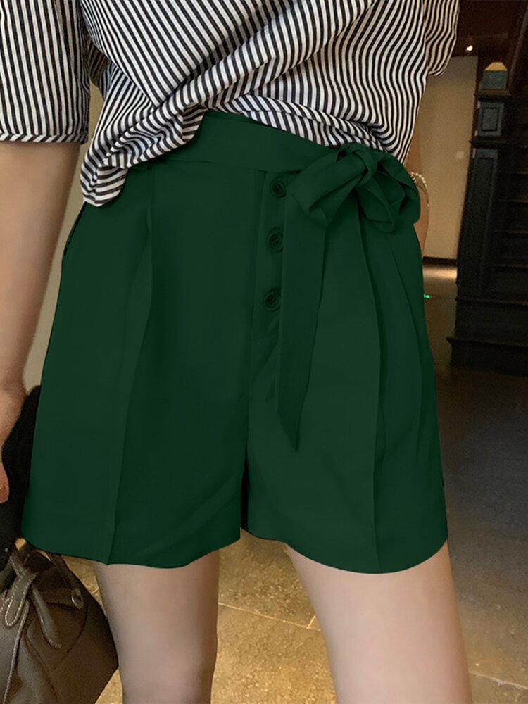 Solid Button Wide Leg Casual Shorts With Belt - Shop Trendy Women's Fashion | TeeYours