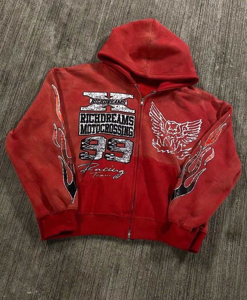 Llyge 2024 European and American Fashion Casual Oversized Hoodie Men Y2k Retro Anime Print Jacket Gothic Harajuku Zipper Sweatshirt llyge