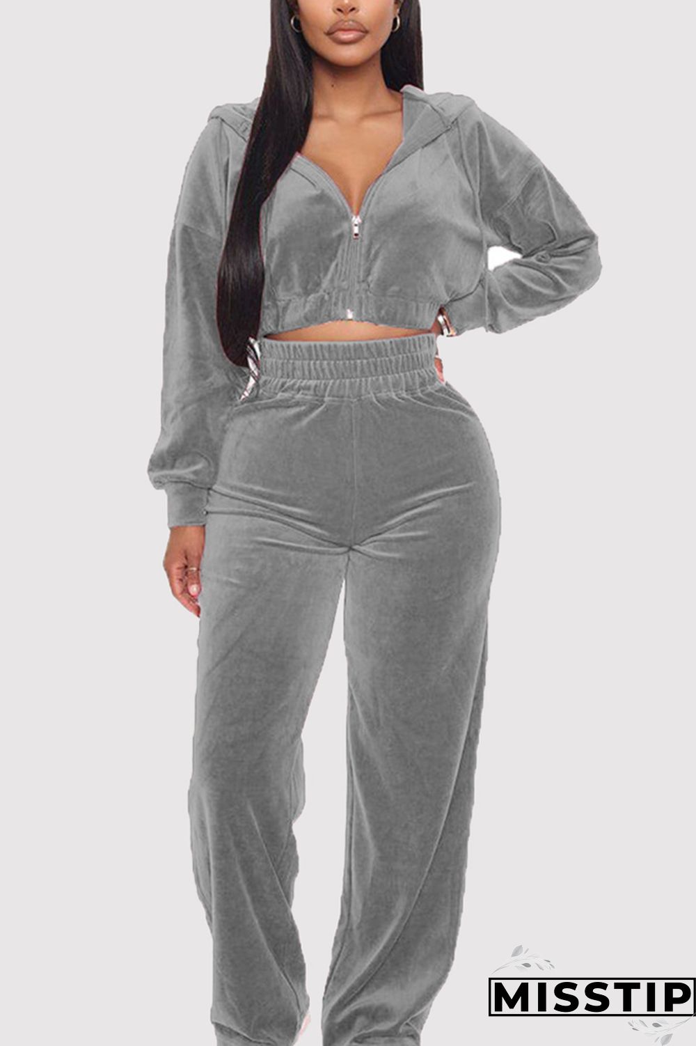 Grey Casual Flocking Solid Pants Zipper Collar Long Sleeve Regular Sleeve Short Two Pieces