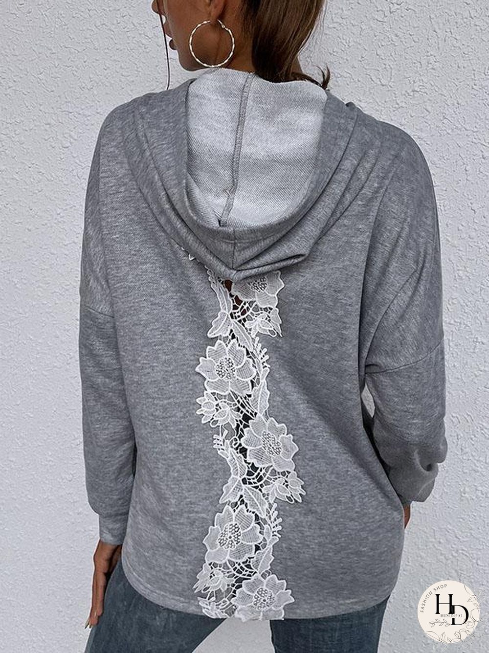 Plain Lace Hollow Joint Hoodie Top