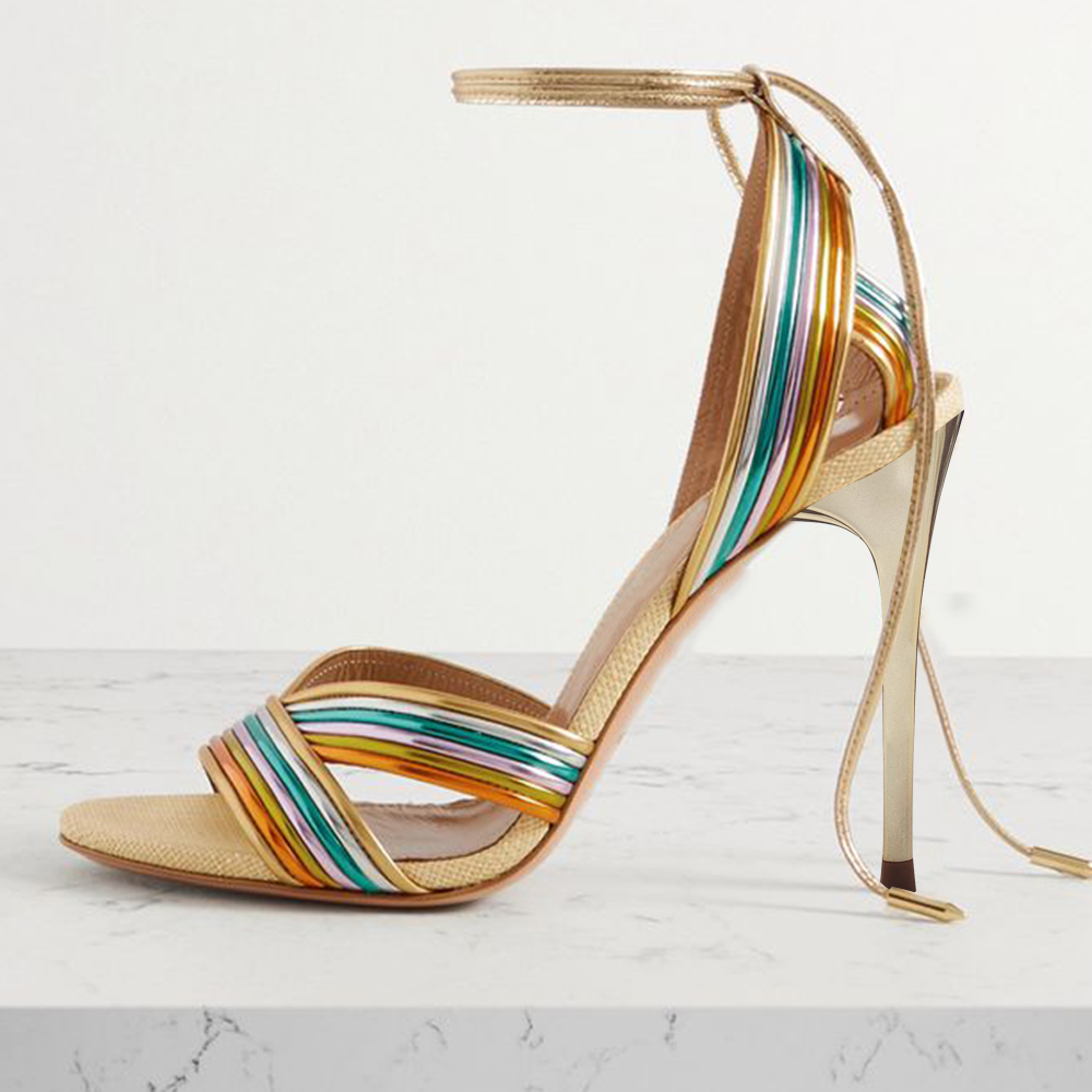 Multicolor Open Toe 4'' Stiletto Heel Lace Up Sandals Nicepairs