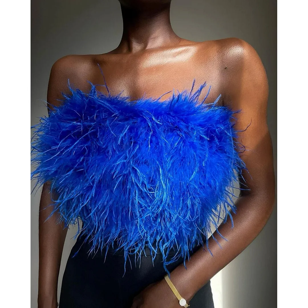 Sonicelife  Feather Strapless Tank Tops Women Summer Party Club Sleevelss Fluffy Fashion Bustier Tops Female 2023