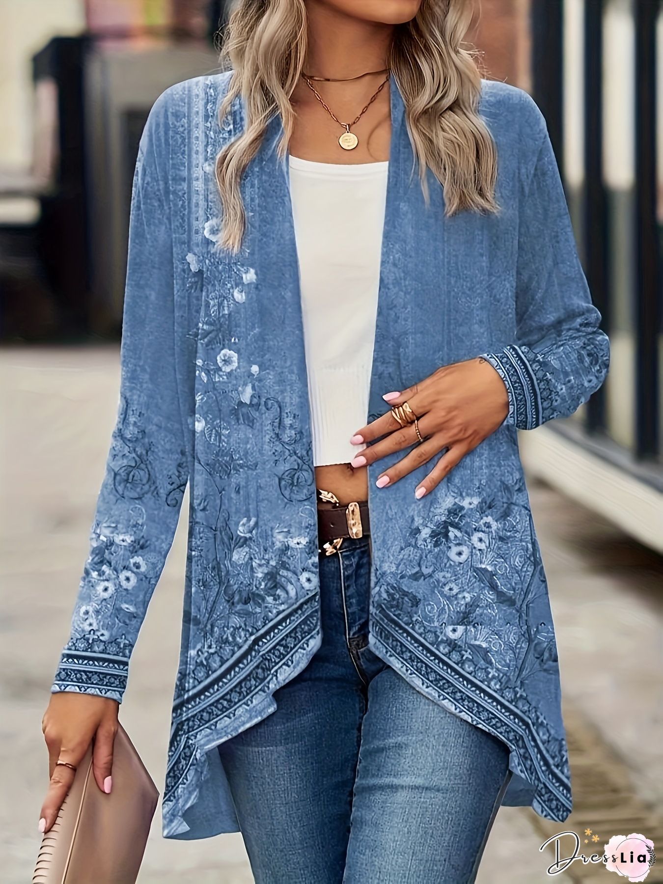 Blue Cotton-Blend Long Sleeve Floral Jacket