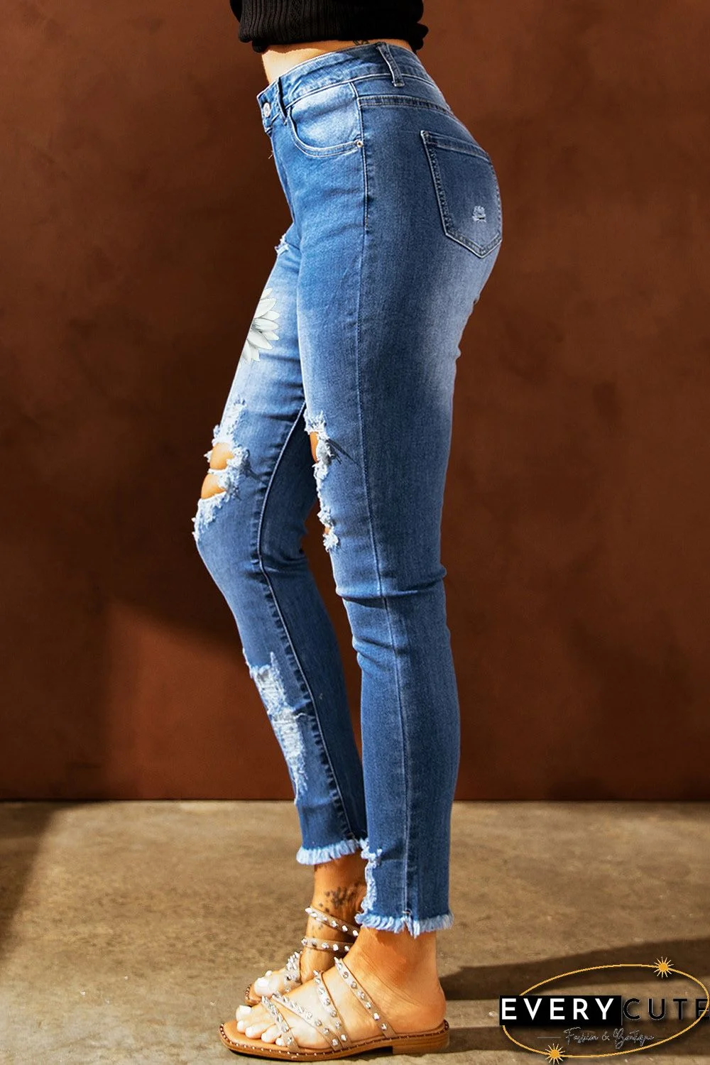 Sky Blue Daisy Butterfly Print Distressed Skinny Ankle Jeans