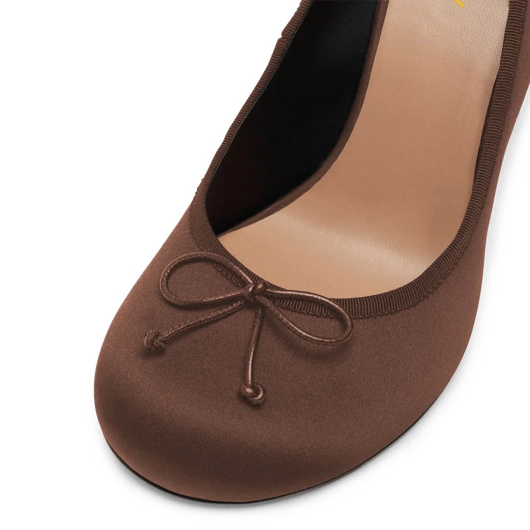 Classic Round Toe Front Bow Brown Heels Slip On Pumps for Women