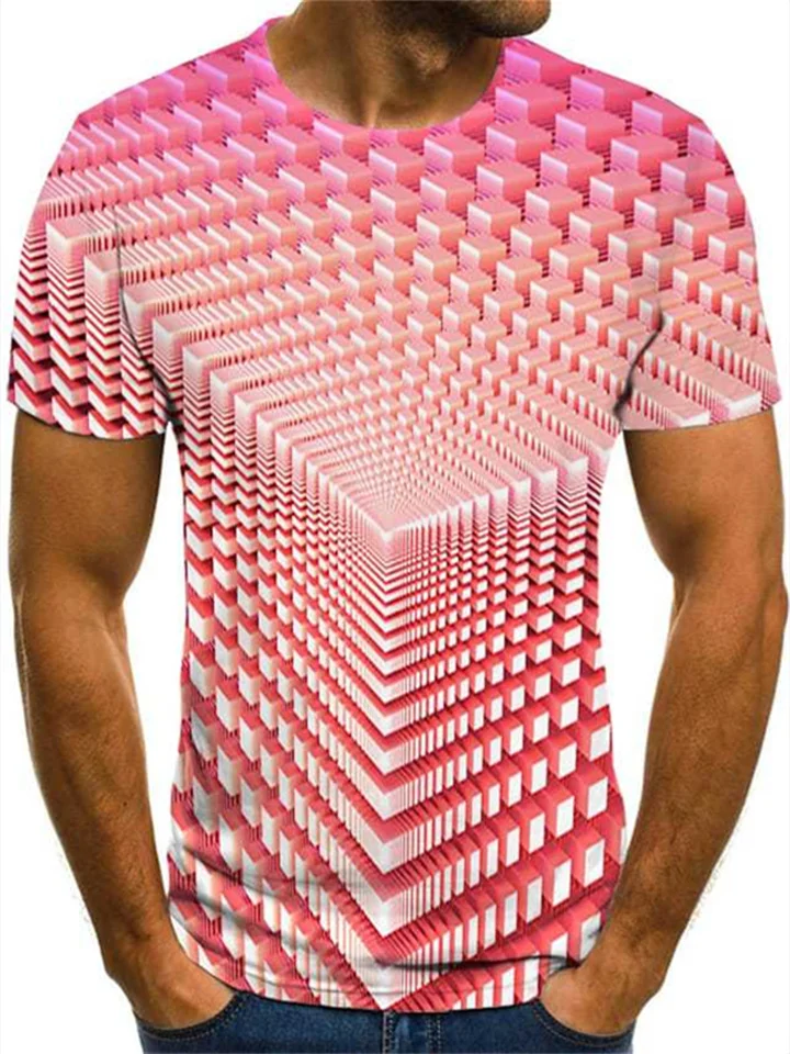 Men's T-Shirt Round Neck Geometric 3D Print Green Pink Purple Yellow-Cosfine