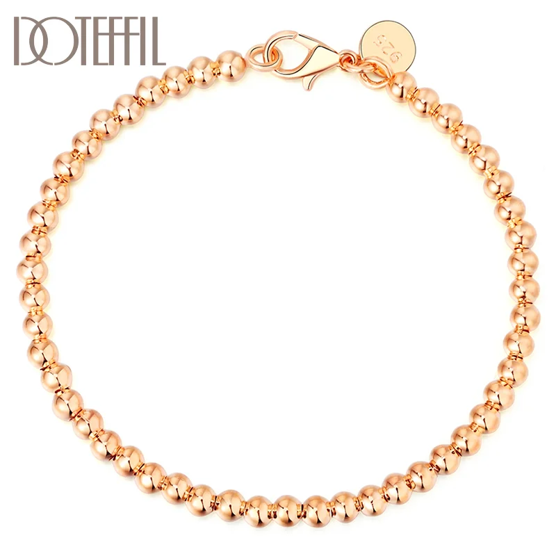 DOTEFFIL 925 Sterling Silver Rose Gold Hollow 4mm Smooth Bead Chain Bracelet For Women Jewelry