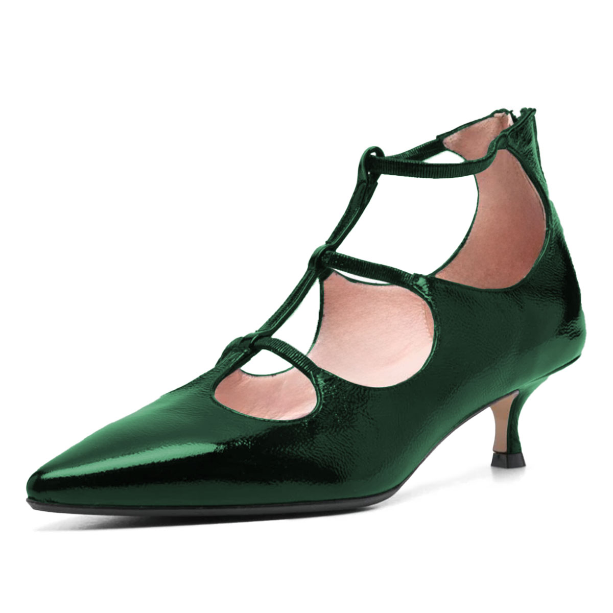 Green T-Strap Kitten Heel Zipper Pumps for Women with Pointed Toe Nicepairs