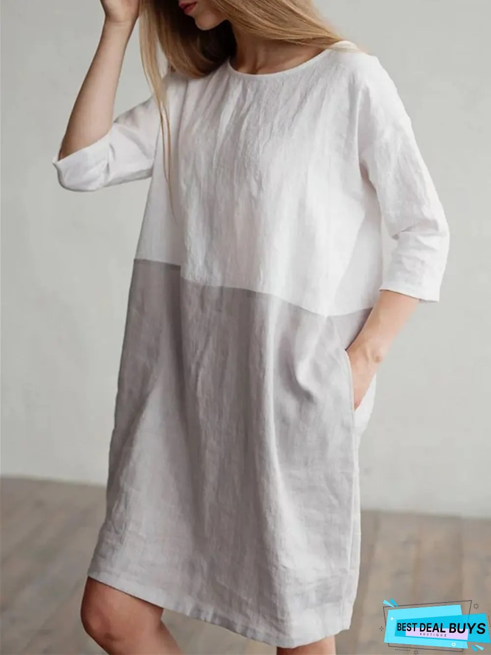 Loose Solid Color Cotton Linen Patchwork Dress Round Neck Seven Sleeve Skirt Waist