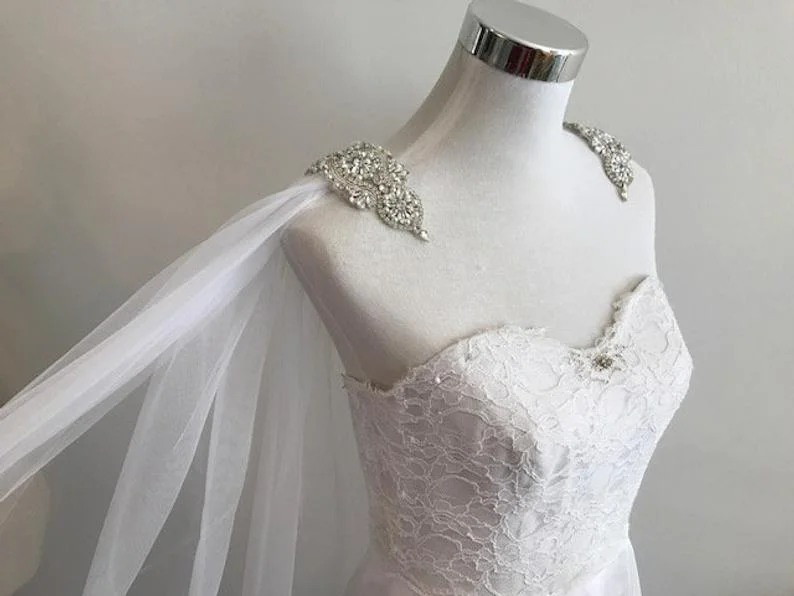 Cape Veil  Rhinestone Appliques on Shoulders__ 108"W X 120" (3 Meter) Long, Bridal Shoulder Veil In White, Ivory ,Off-white