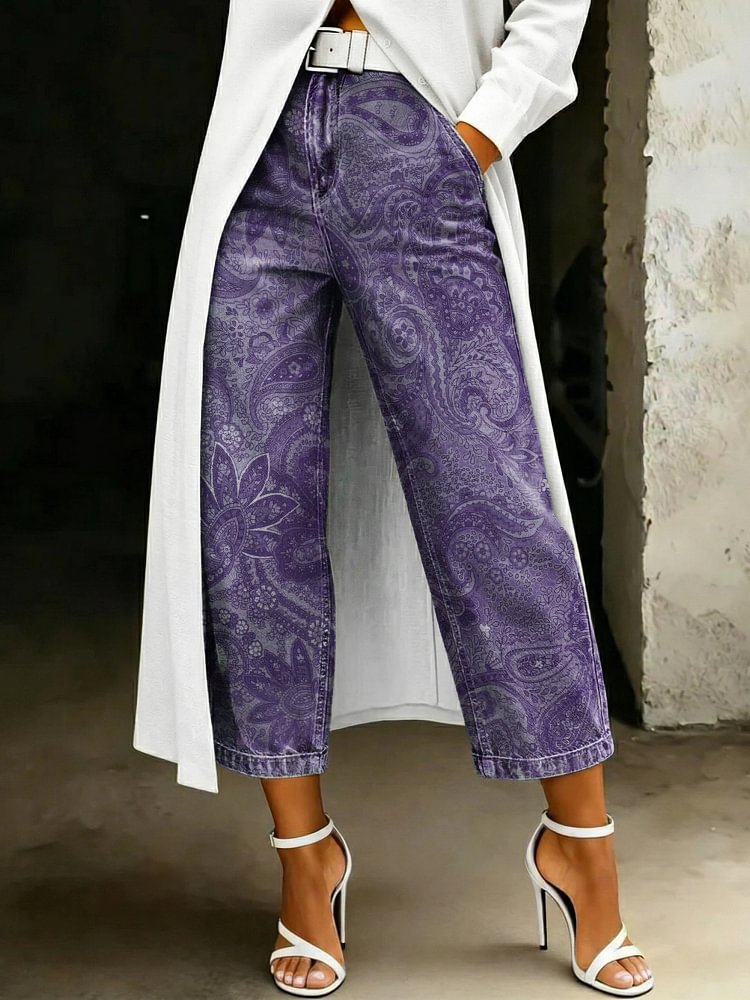 Women's Fashion Purple Ethnic Floral Artistic Print Casual Loose-fit Wide-leg Jeans
