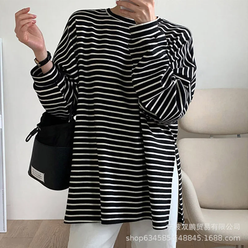 Athvotar Athvotar And Summer Fashion Loose Cotton Striped T-Shirt Women Casual Round Neck Long Sleeve Open Top Hot Sale