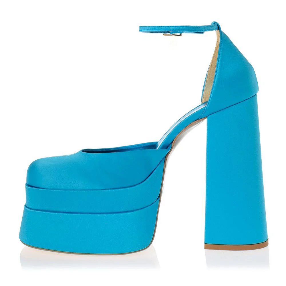 Blue Satin Chunky Heel Ankle Strap Square Toe Platform Pumps