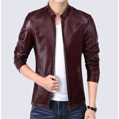 Faux Leather Black Jackets Coat Men Slim Fit Mens Windbreaker Jackets Zipper Pocket Stand Collar British Vintage Outerwear