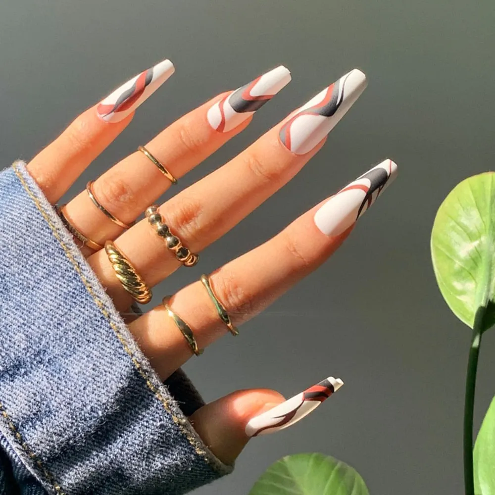 Extra Long Coffin Fake Nail Black And White Plaque False Nails French Ballerina Artificial Full Cover Nail Tips Press On Nail 515-1-Nail Inspo