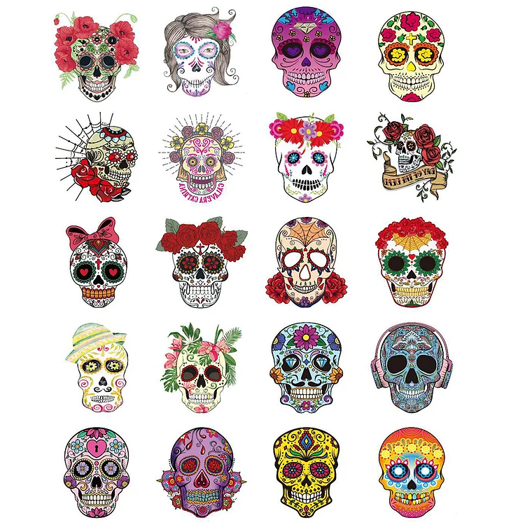 20 Sheets Small Art Skull Temporary Tattoo Stickers Disposable